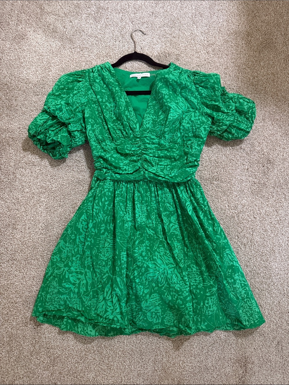 Green Puff-Sleeve Dress with Ruched Bodice